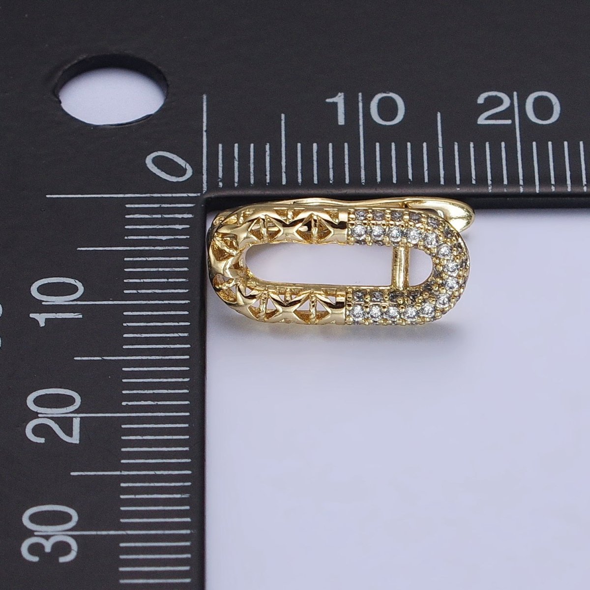 14K Gold Filled Oblong Half Filigree Micro Paved CZ English Lock Earrings | AB321