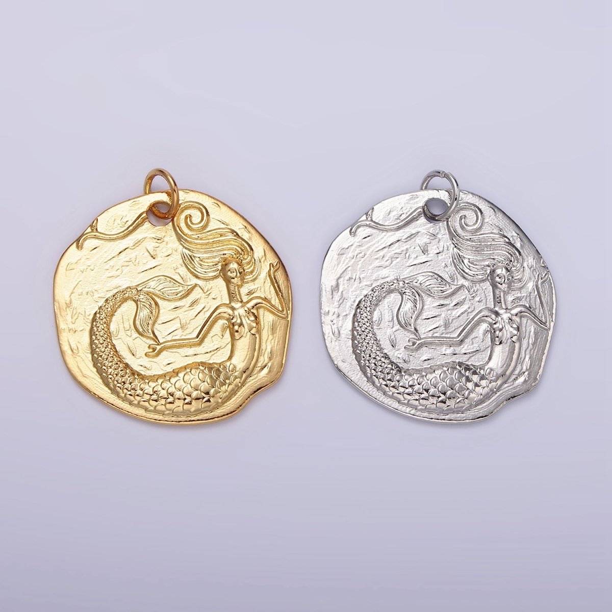 14K Gold Filled Ocean Mermaid Textured Round Coin Charm in Gold & Silver | N1161 N1162
