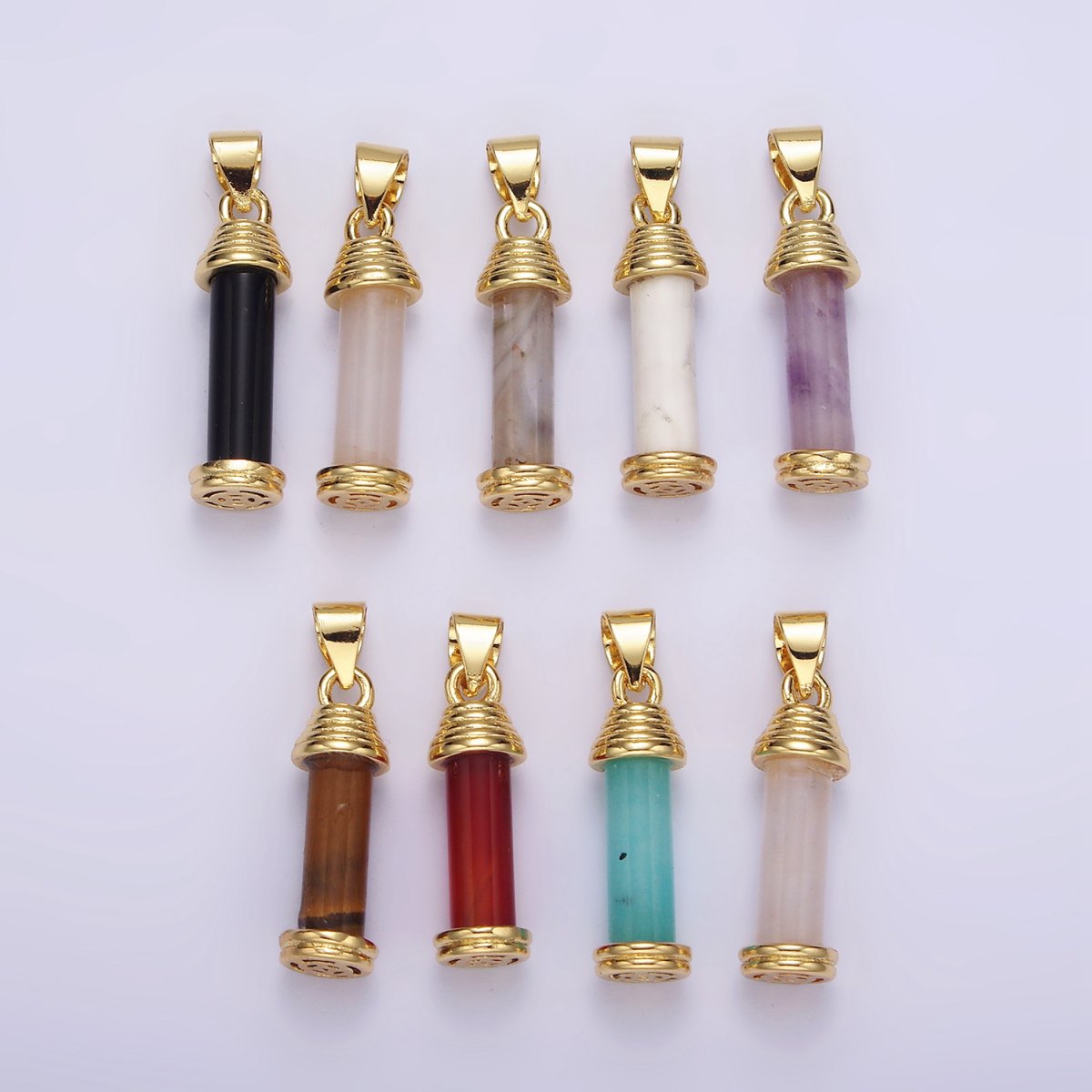 14K Gold Filled Onyx, Carnelian, Amazonite, Clear Quartz, Tiger Eye, Rose Quartz, Howlite, Amethyst Lined Cylinder Tube Pendant | AA729 - AA736