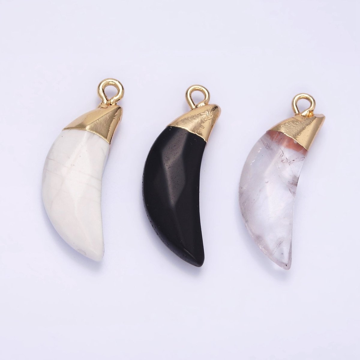 14K Gold Filled Onyx, Howlite, Clear Quartz Crescent Horn Foiled Charm | N1749 N1751 N1752