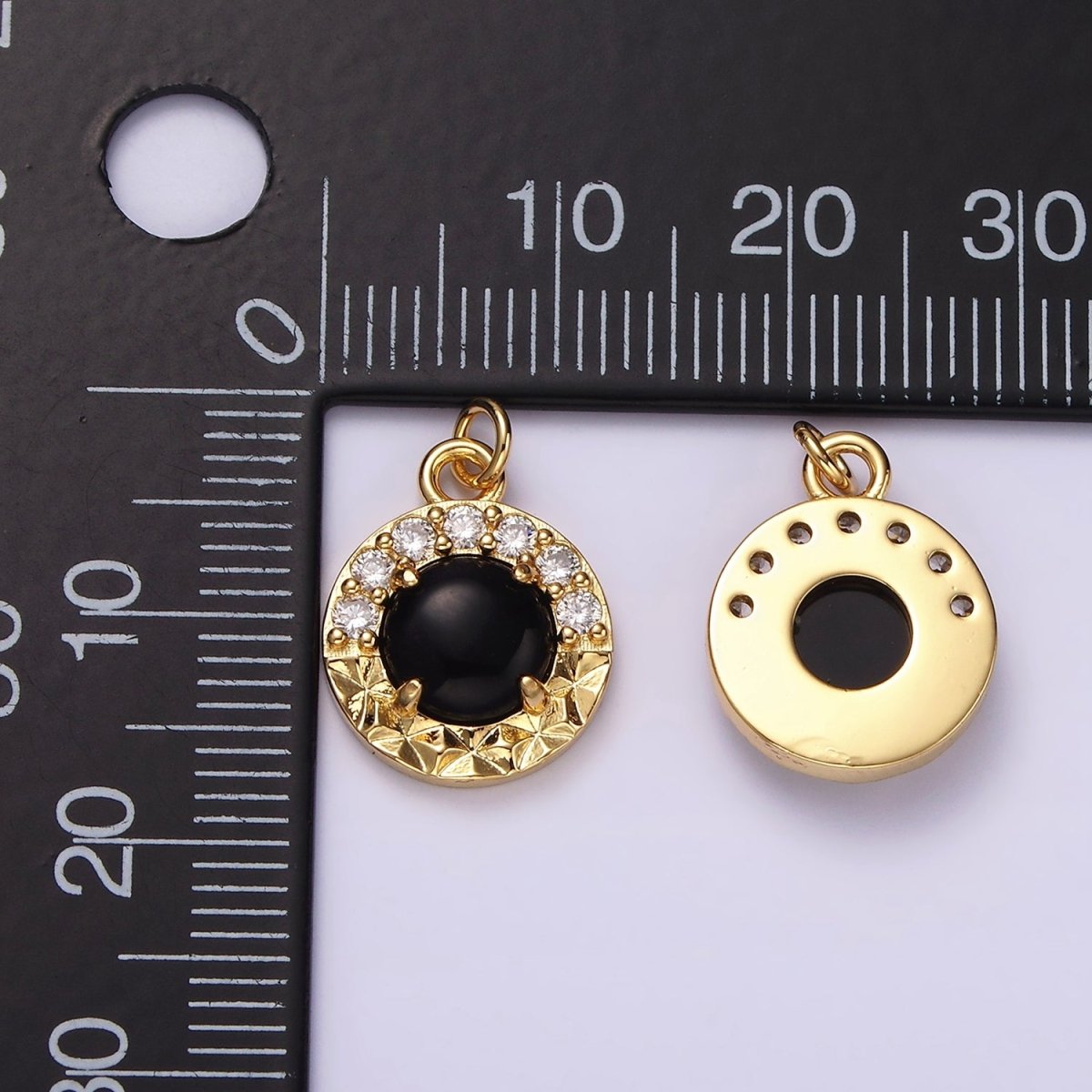 14K Gold Filled Onyx Sunburst Micro Paved CZ Round Bezel Charm | AG489