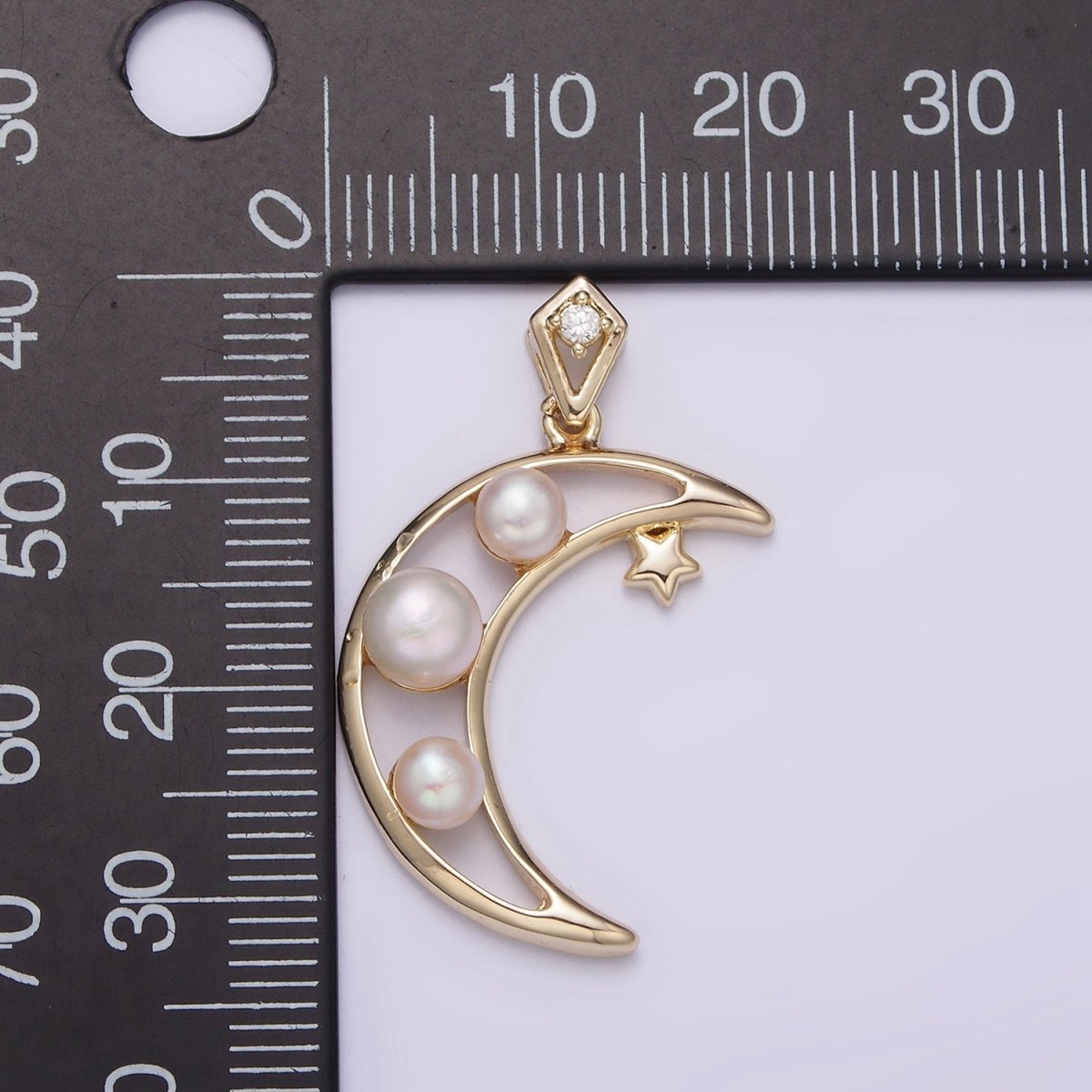 14K Gold Filled Open Celestial Crescent Moon Triple Pearl Star CZ Bail Pendant | AA634