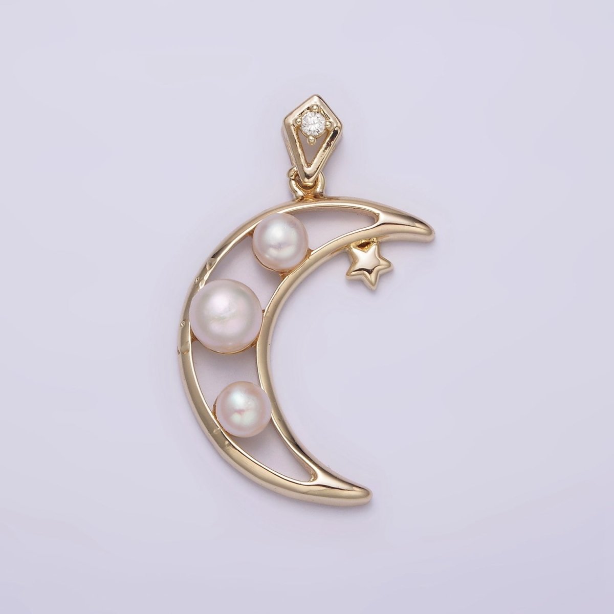 14K Gold Filled Open Celestial Crescent Moon Triple Pearl Star CZ Bail Pendant | AA634