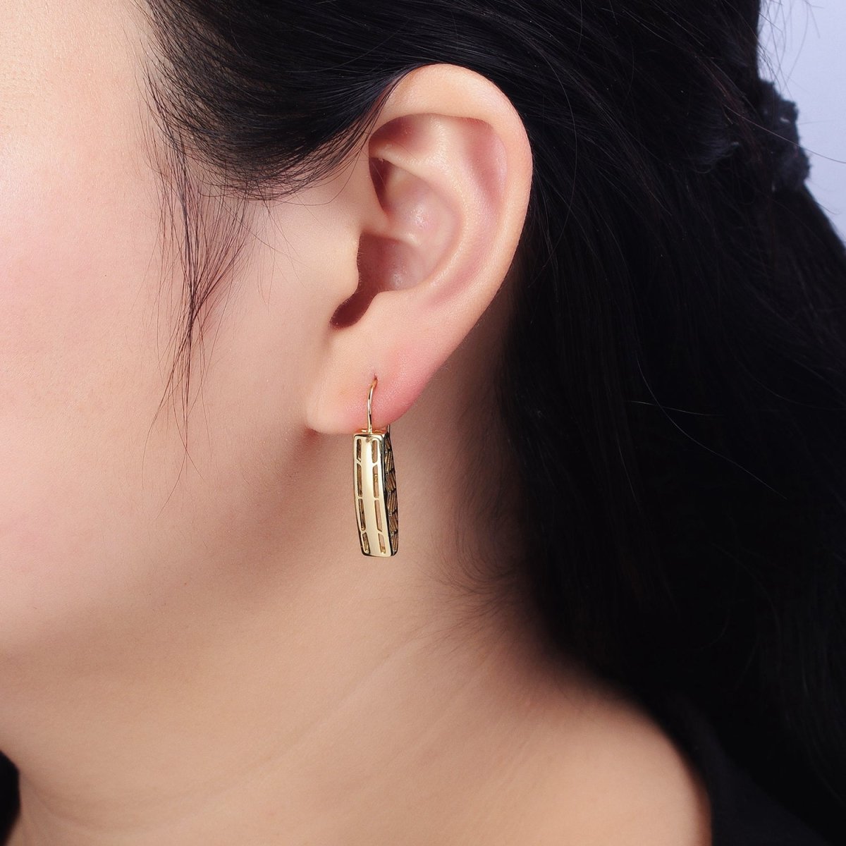 14K Gold Filled Open Filigree Bar Rectangular Latch French Hook Earrings Set | AD1471
