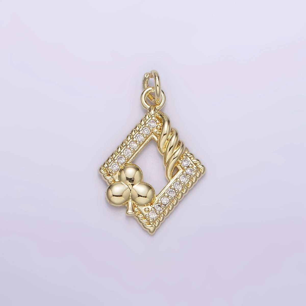 14K Gold Filled Open Frame Rhombus Clover Micro Paved Twisted Clubs Card Charm | AG258