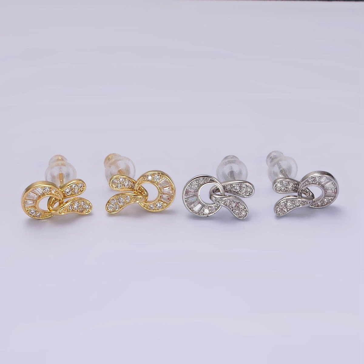 14K Gold Filled Open Geometric Baguette Micro Paved CZ Stud Earrings in Gold & Silver | V276