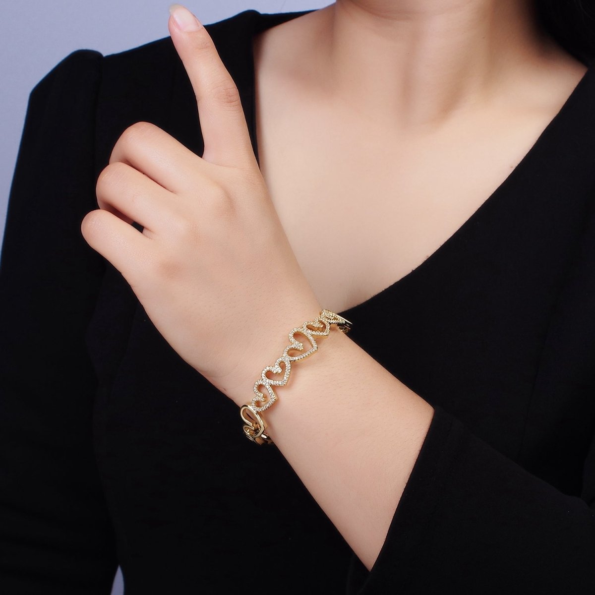 14K Gold Filled Open Heart Micro Paved CZ Cuff Bangle Bracelet in Silver & Gold | WA-1920 WA-1921 Clearance Pricing