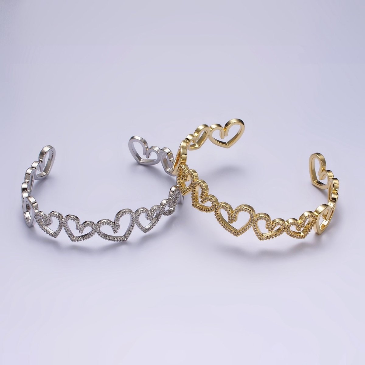 14K Gold Filled Open Heart Micro Paved CZ Cuff Bangle Bracelet in Silver & Gold | WA-1920 WA-1921 Clearance Pricing