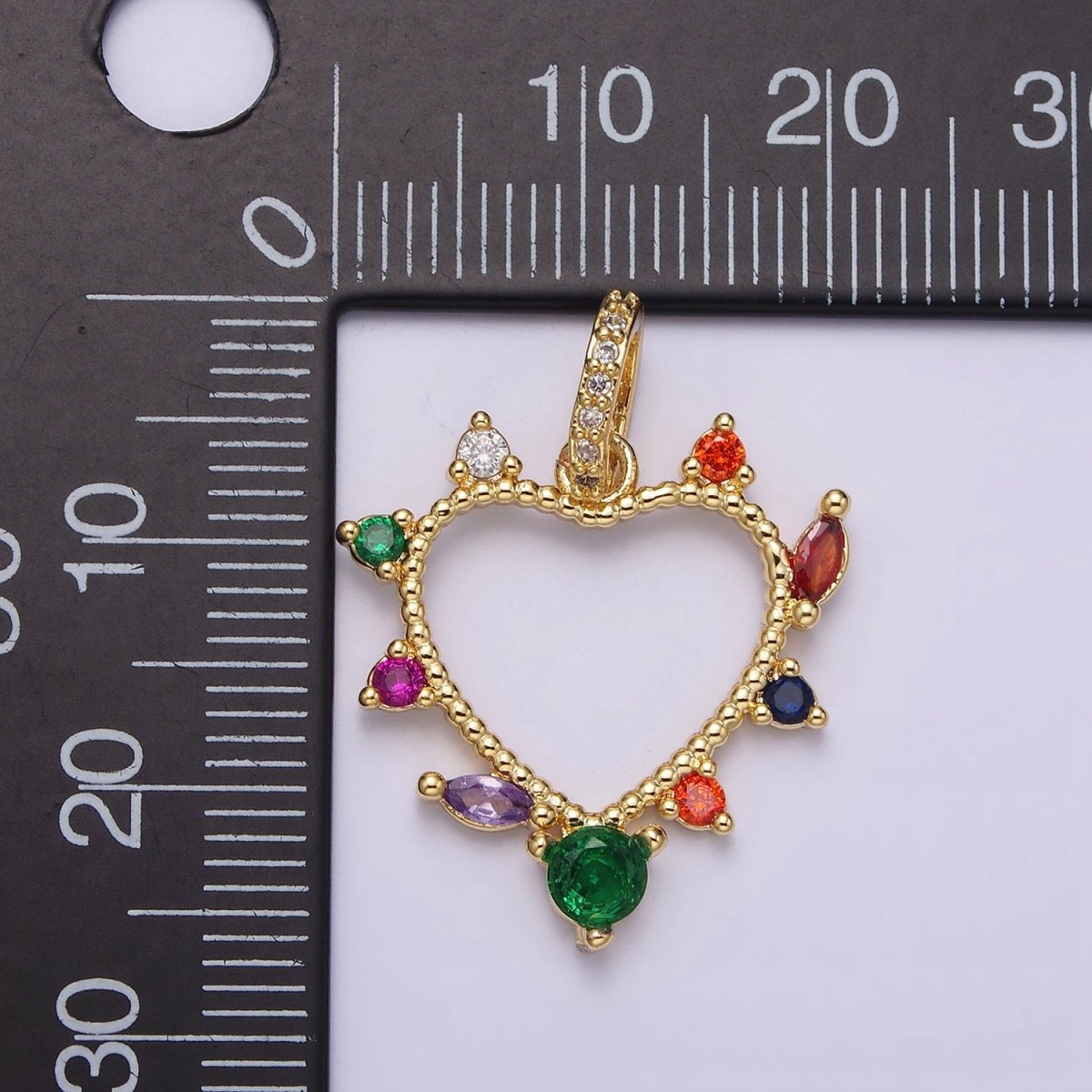 14K Gold Filled Open Heart Multicolor CZ Marquise Dotted Outline Micro Paved CZ Bail Pendant | AA610