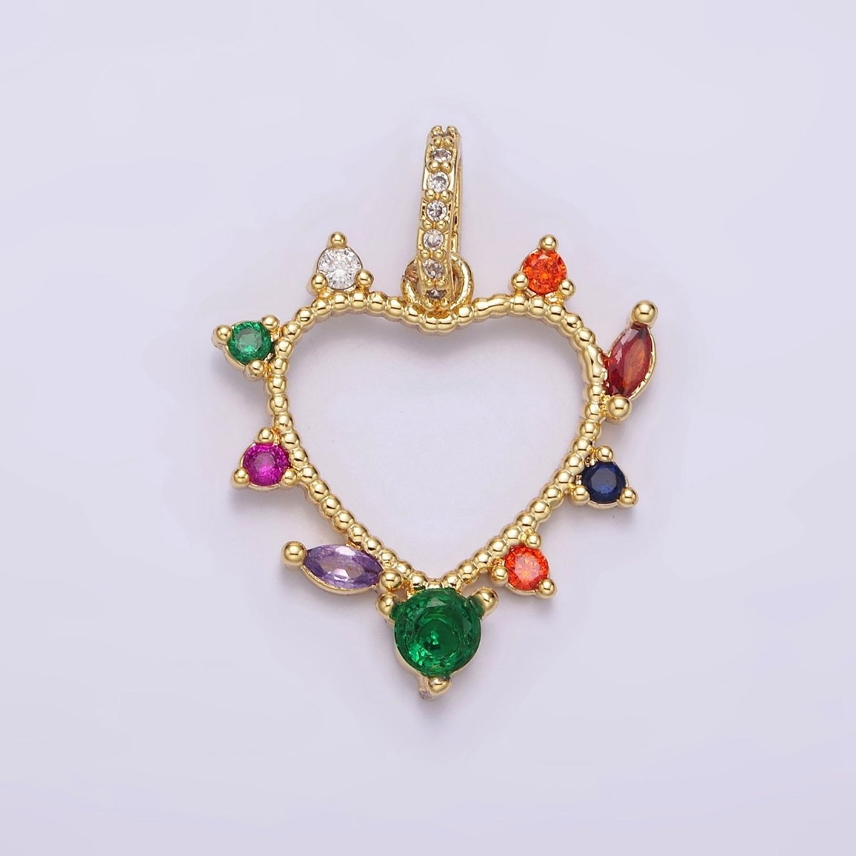 14K Gold Filled Open Heart Multicolor CZ Marquise Dotted Outline Micro Paved CZ Bail Pendant | AA610