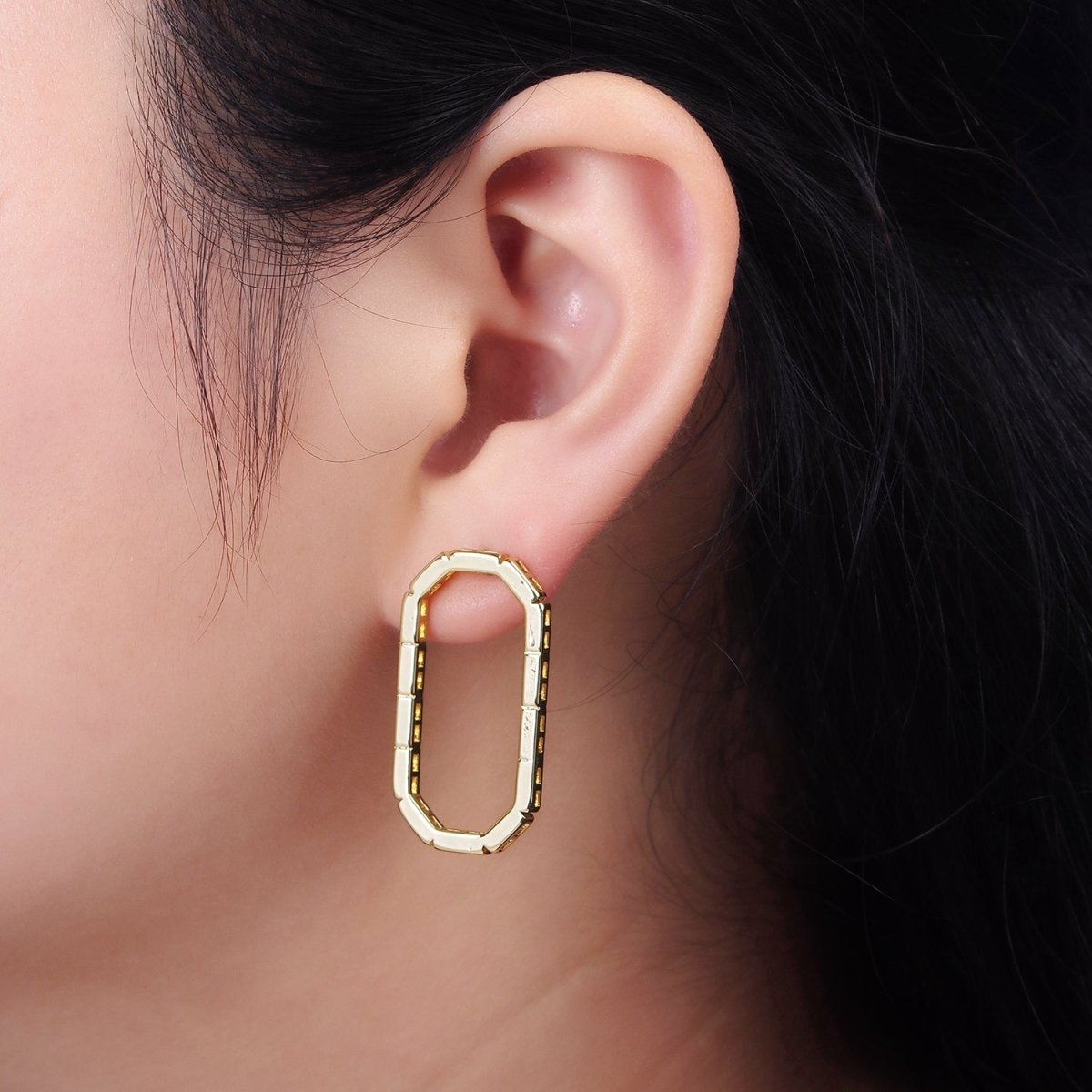 14K Gold Filled Open Oblong Drop Hexagonal Brick Bar Stud Earrings | AE659