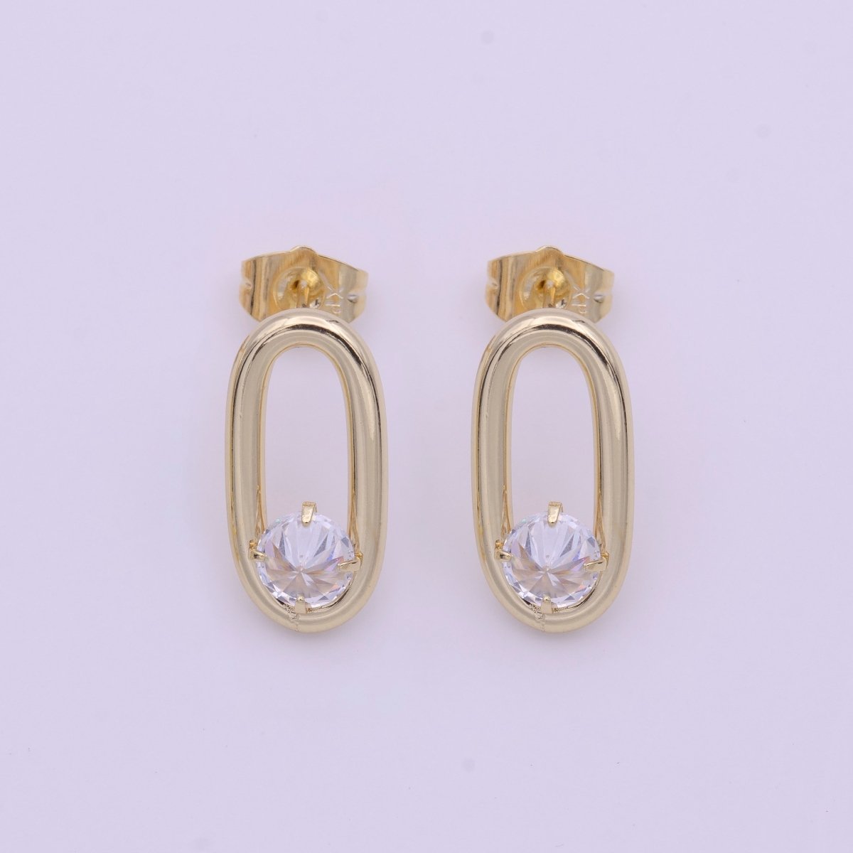 14K Gold FIlled Open Oblong Oval Round Clear CZ Geometric Stud Earrings | AB1427