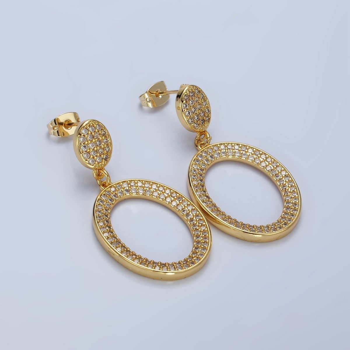 14K Gold Filled Open Oval Micro Paved CZ Drop Stud Earrings | AE424