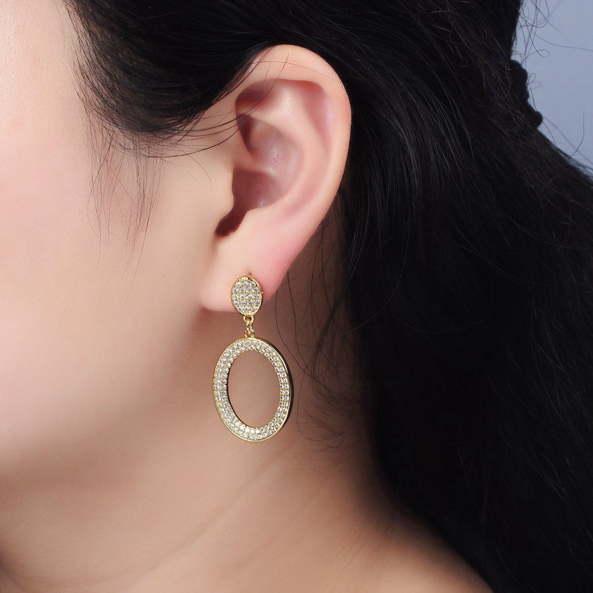 14K Gold Filled Open Oval Micro Paved CZ Drop Stud Earrings | AE424