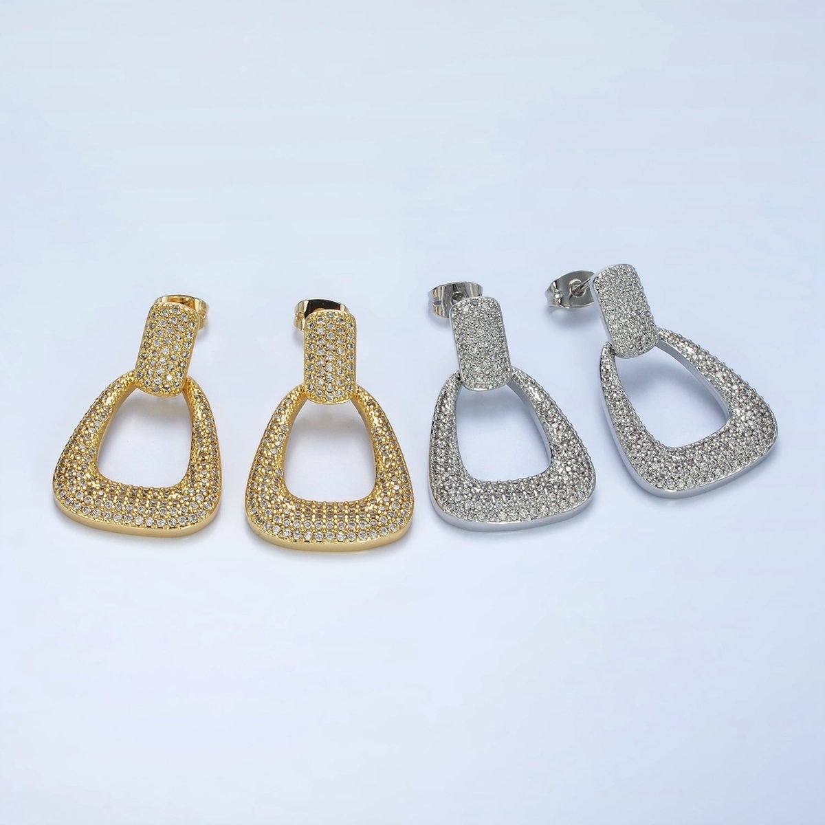 14K Gold Filled Open U Shaped Micro Paved CZ Rectangular Drop Stud Earrings in Gold & Silver | AE425 AE426