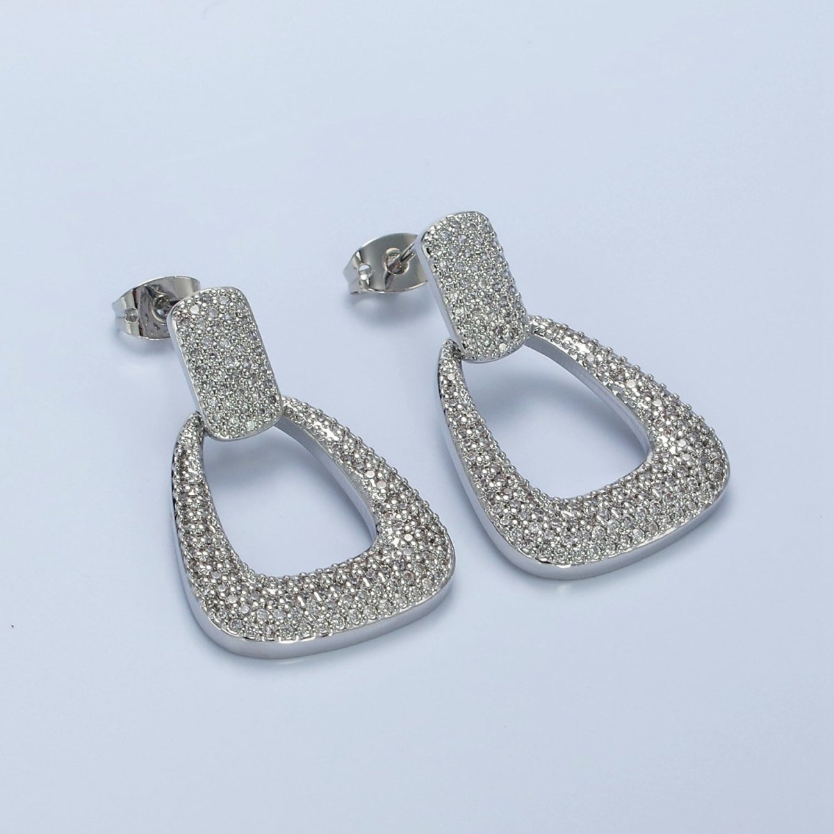 14K Gold Filled Open U Shaped Micro Paved CZ Rectangular Drop Stud Earrings in Gold & Silver | AE425 AE426