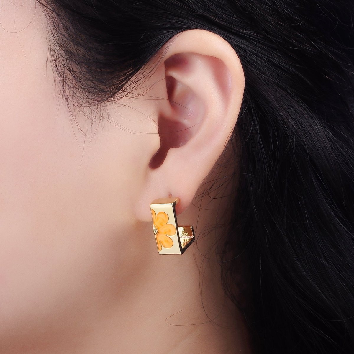 14K Gold Filled Orange Enamel Flower Nature Boxy J-Shaped Hoop Earrings Set | V056