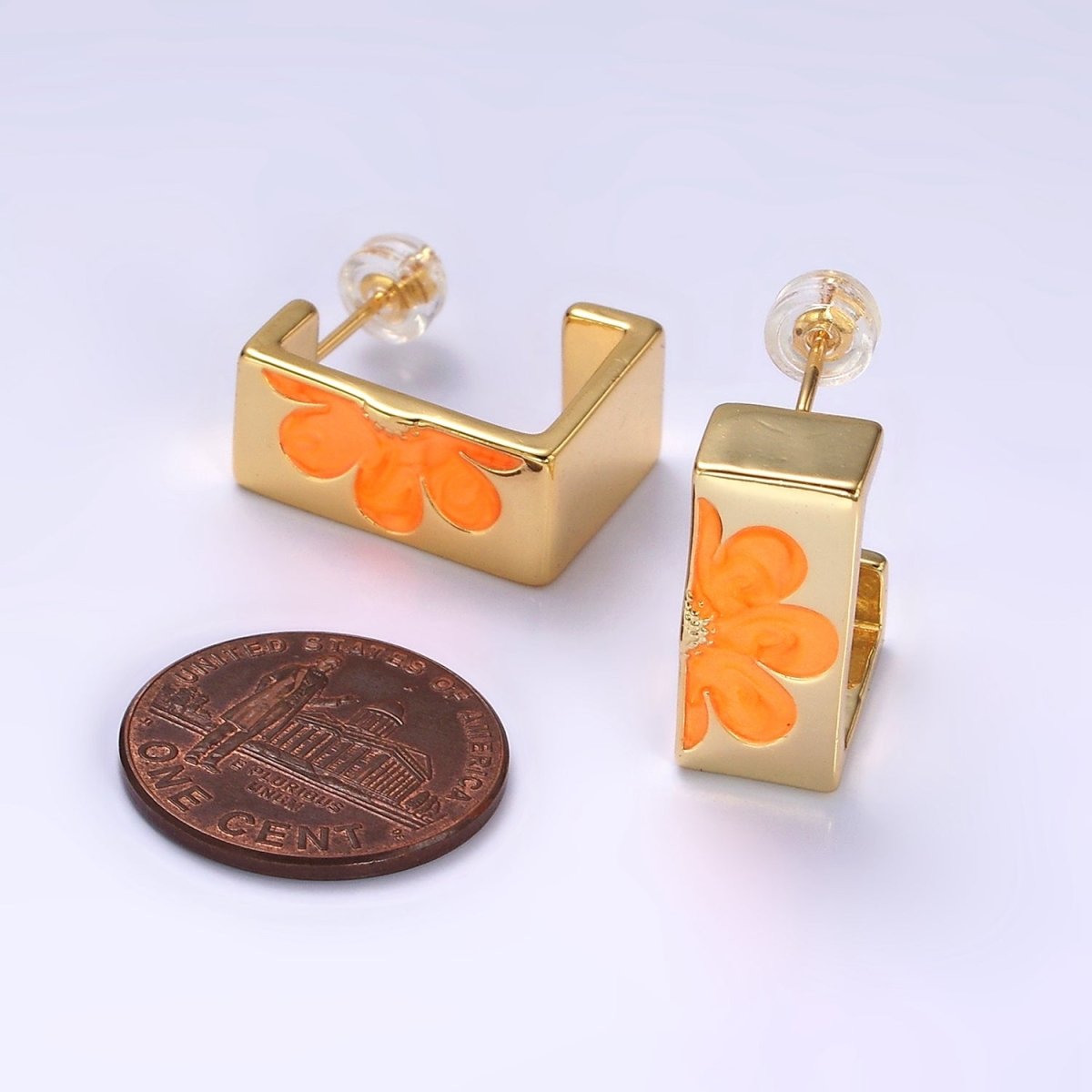 14K Gold Filled Orange Enamel Flower Nature Boxy J-Shaped Hoop Earrings Set | V056