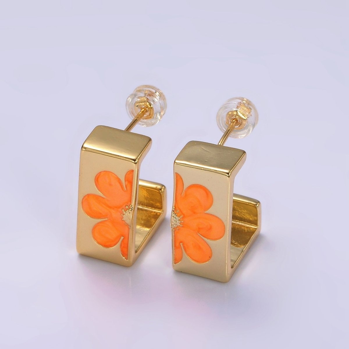 14K Gold Filled Orange Enamel Flower Nature Boxy J-Shaped Hoop Earrings Set | V056