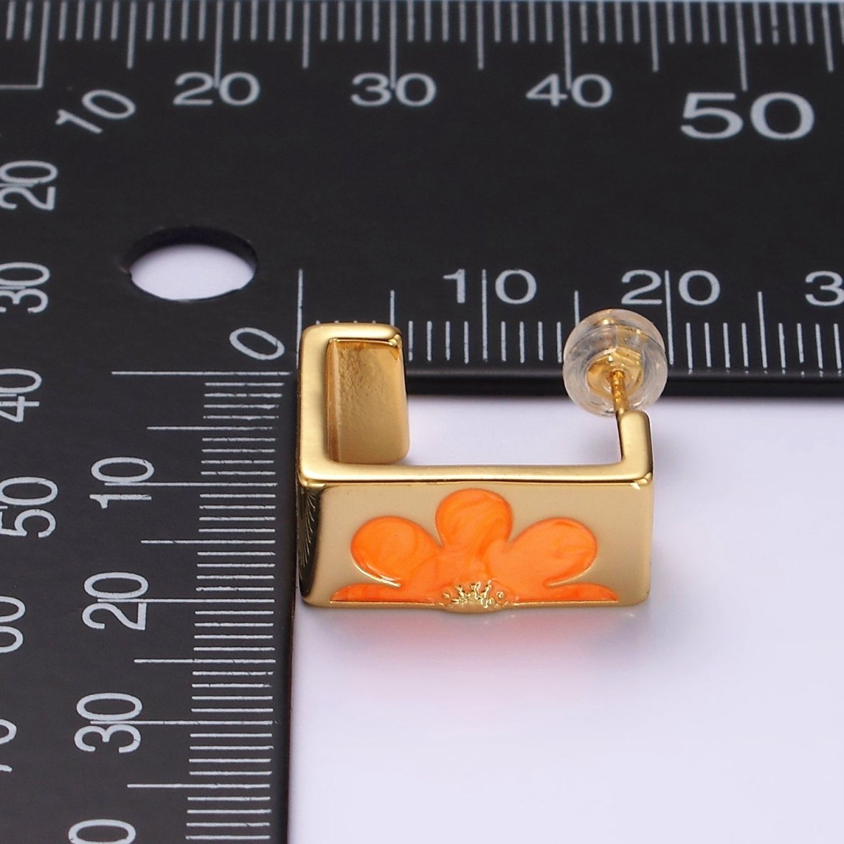 14K Gold Filled Orange Enamel Flower Nature Boxy J-Shaped Hoop Earrings Set | V056