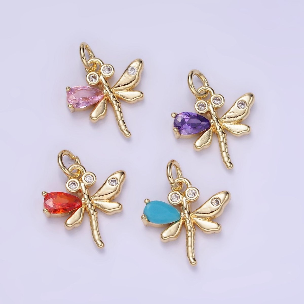 14K Gold Filled Orange, Purple, Pink, Turquoise CZ Dragonfly Insect Charm | W540 W541