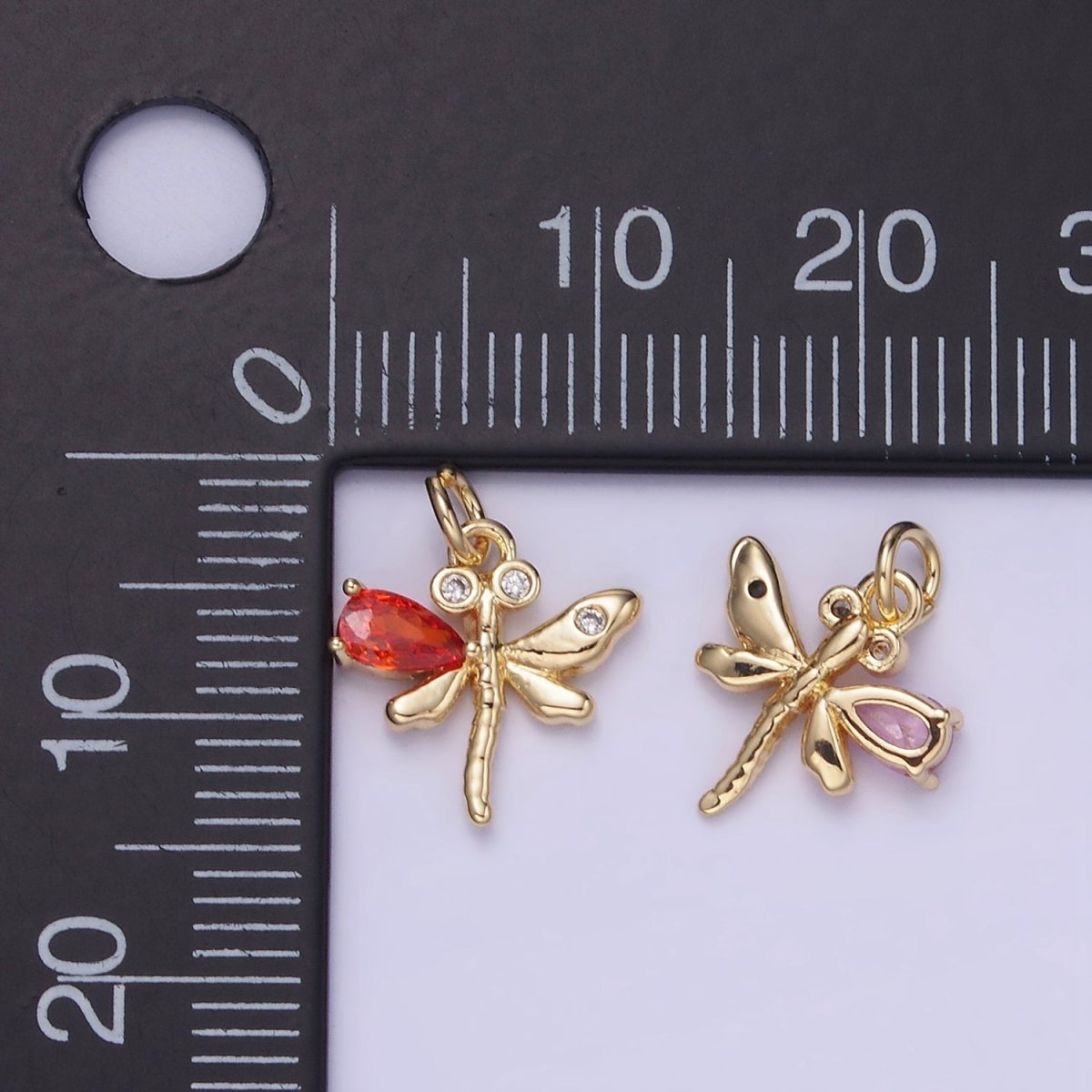 14K Gold Filled Orange, Purple, Pink, Turquoise CZ Dragonfly Insect Charm | W540 W541