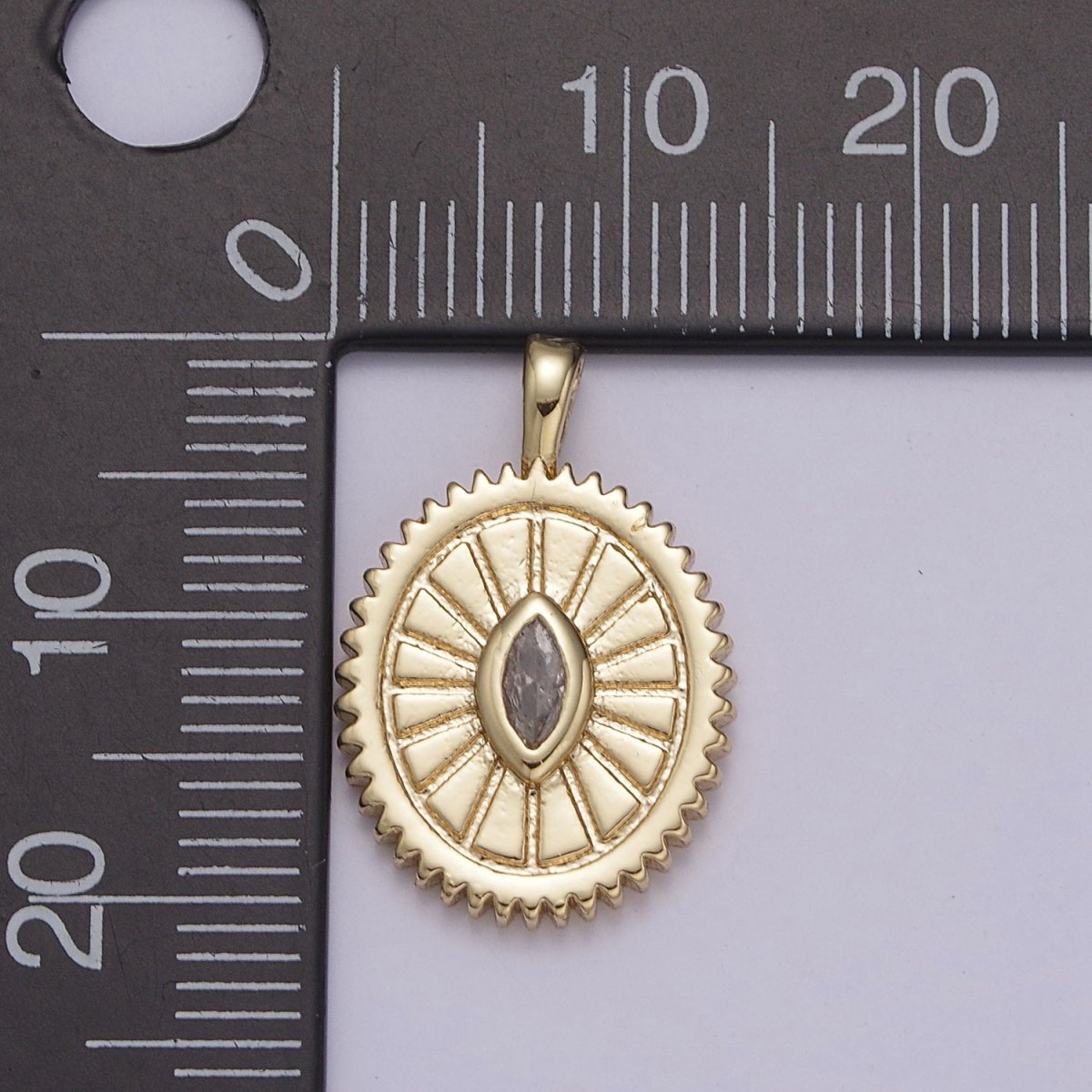 14K Gold Filled Oval Charm Sunburst With Clear Eye Cz Centerpiece for Minimalist Jewelry Making N-610