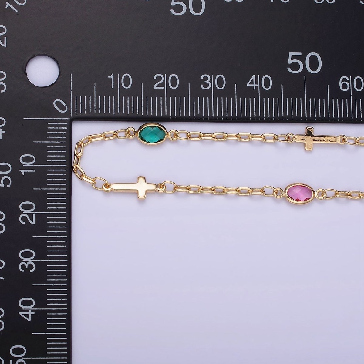 14K Gold Filled Oval Colorful Diamond Bezel Cut Chain by Yard Sideway Cross Link Cable Chain for Necklace Bracelet Jewelry Making | ROLL-1455
