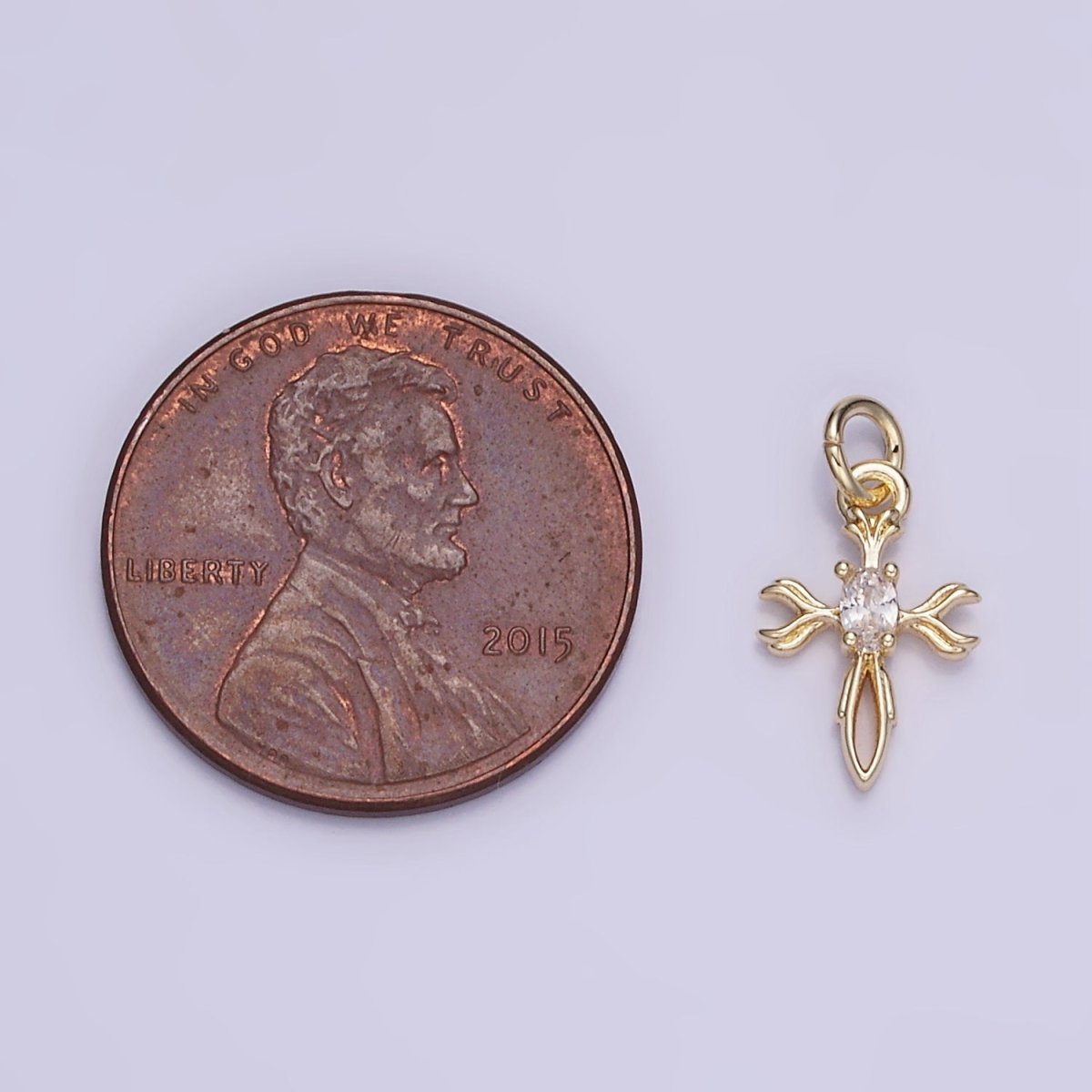 14K Gold Filled Oval CZ Curved Open Cross Charm | W530