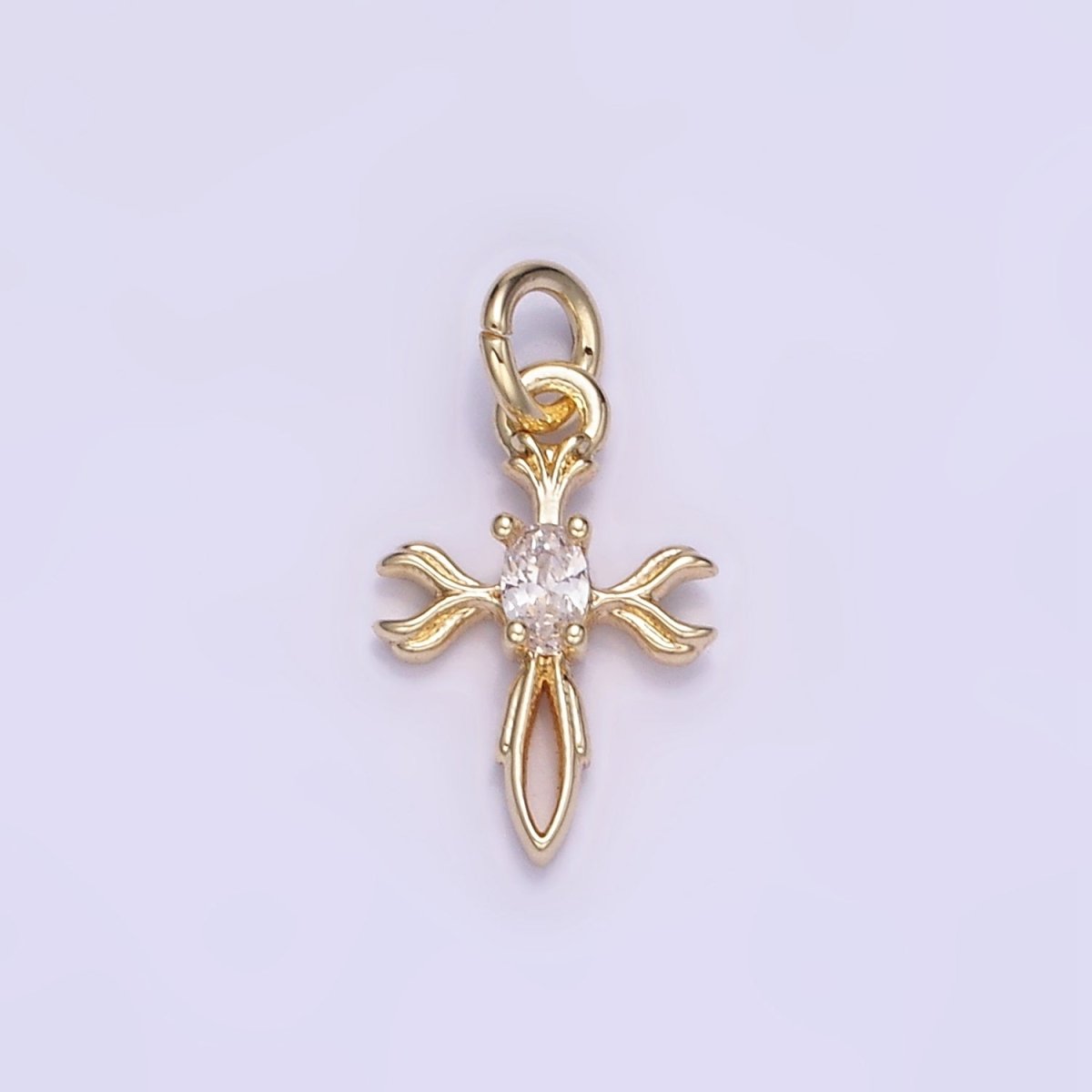 14K Gold Filled Oval CZ Curved Open Cross Charm | W530