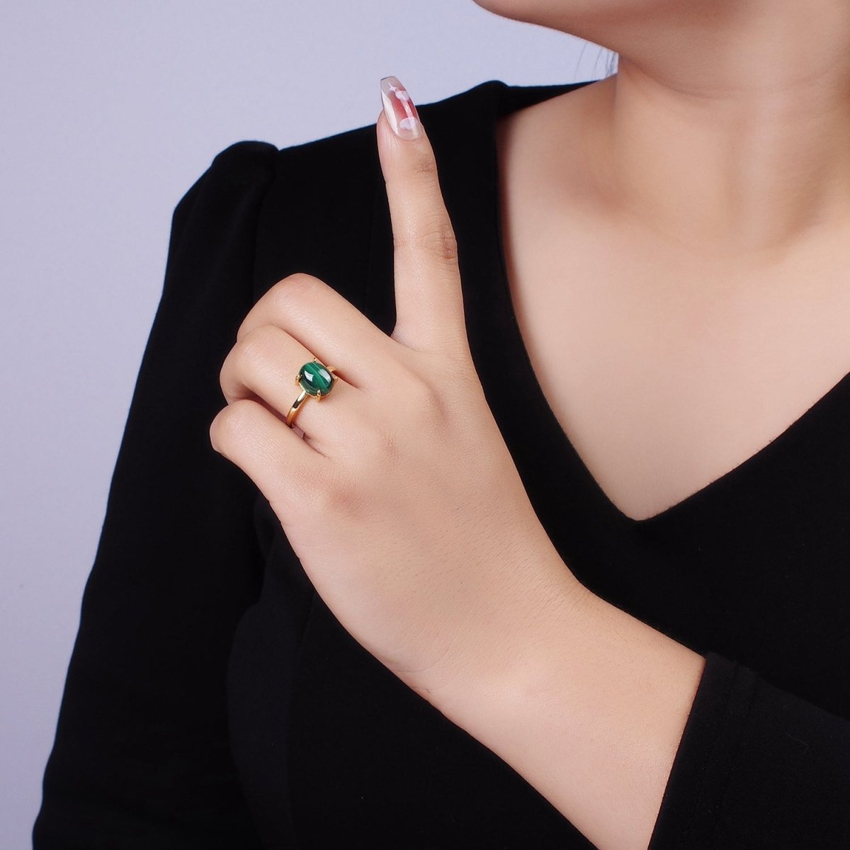 14K Gold Filled Oval Malachite Gemstone Minimalist Solitaire Ring | O1346