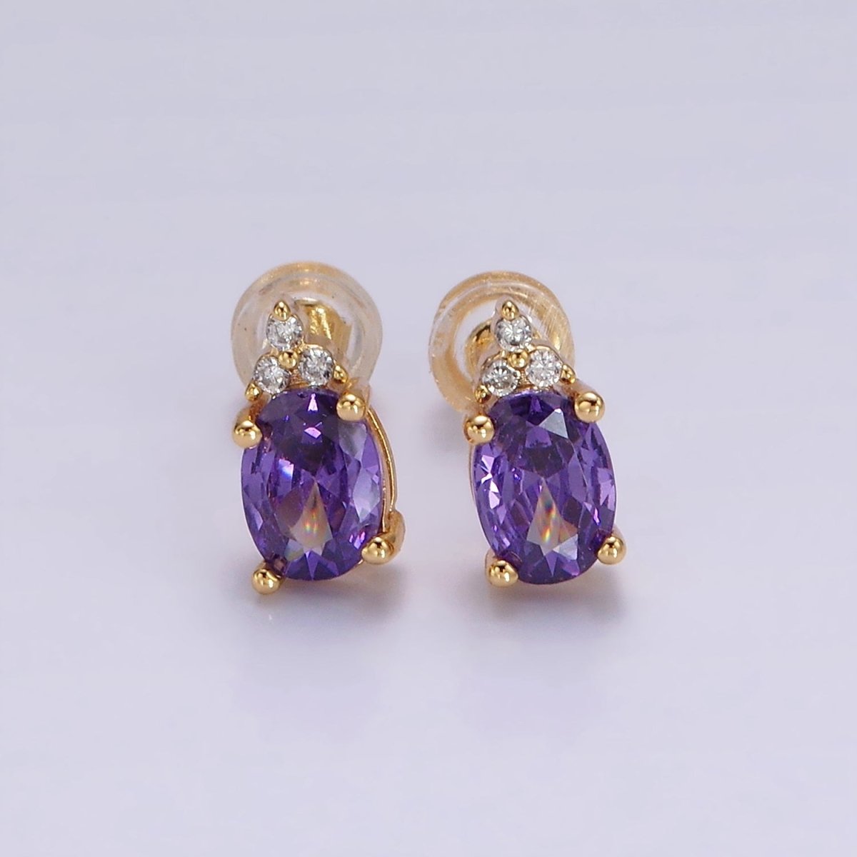 14K Gold Filled Oval Triple CZ Bezel Stud Earrings in Gold & Silver | V-201