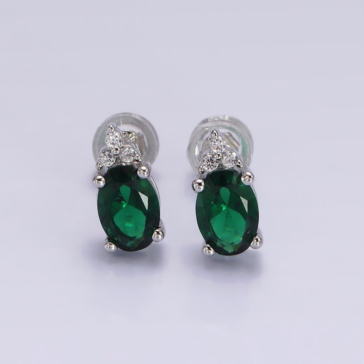 14K Gold Filled Oval Triple CZ Bezel Stud Earrings in Gold & Silver | V-201