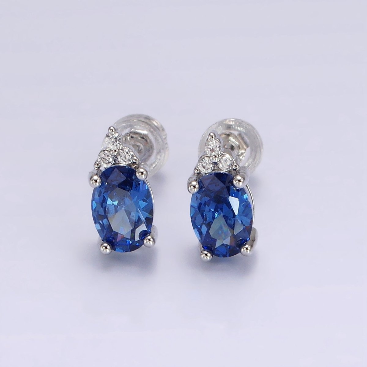 14K Gold Filled Oval Triple CZ Bezel Stud Earrings in Gold & Silver | V-201