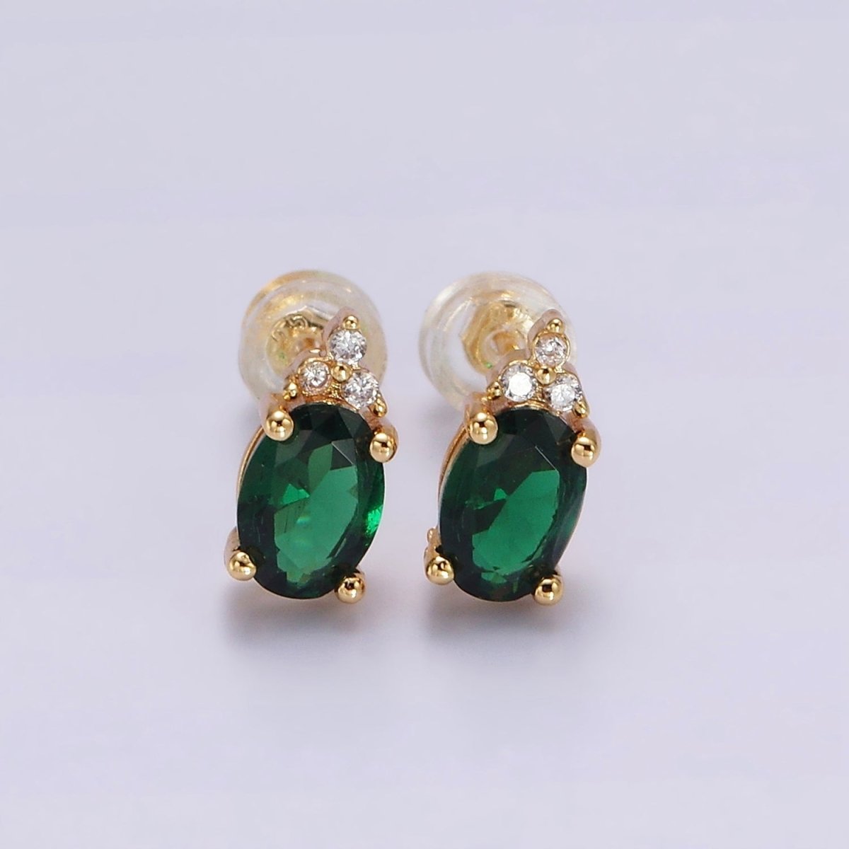 14K Gold Filled Oval Triple CZ Bezel Stud Earrings in Gold & Silver | V-201