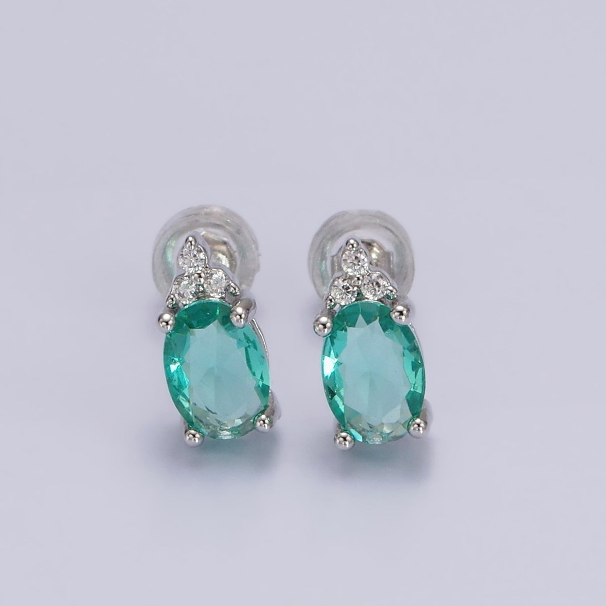 14K Gold Filled Oval Triple CZ Bezel Stud Earrings in Gold & Silver | V-201