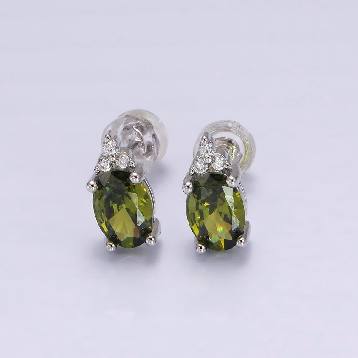 14K Gold Filled Oval Triple CZ Bezel Stud Earrings in Gold & Silver | V-201