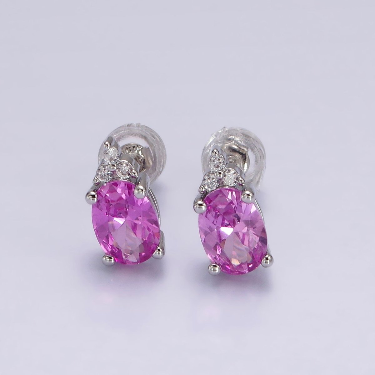 14K Gold Filled Oval Triple CZ Bezel Stud Earrings in Gold & Silver | V-201