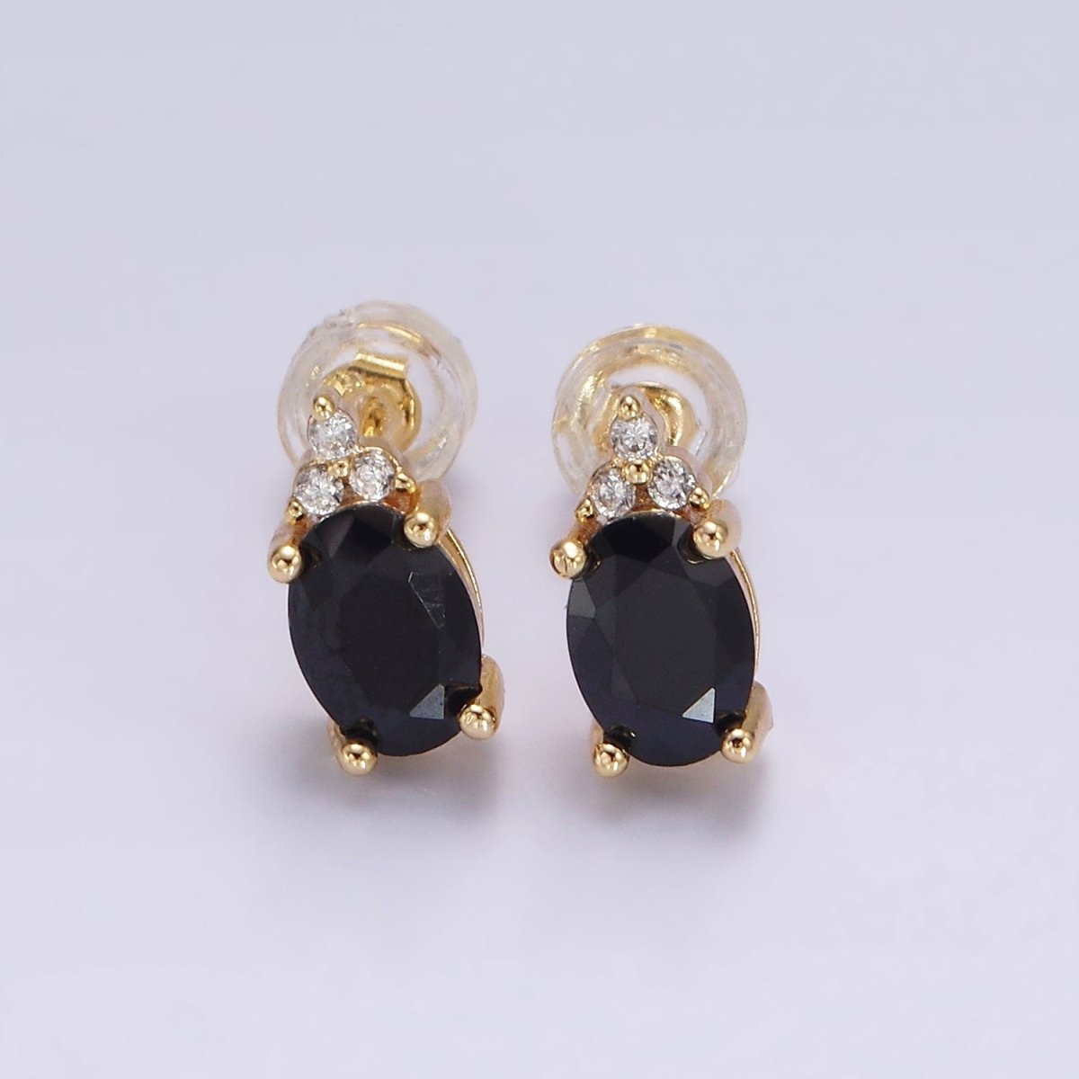 14K Gold Filled Oval Triple CZ Bezel Stud Earrings in Gold & Silver | V-201