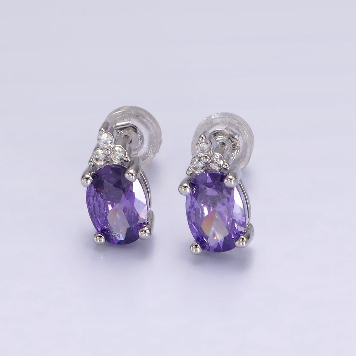 14K Gold Filled Oval Triple CZ Bezel Stud Earrings in Gold & Silver | V-201