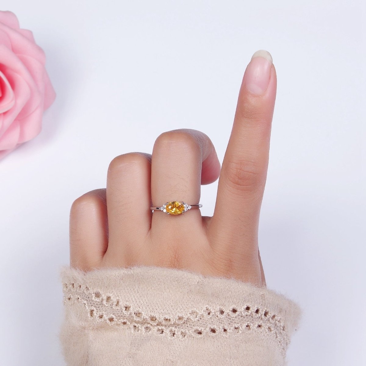 14K Gold Filled Oval Triple CZ Solitaire Birthstone Ring in Gold & Silver | O1128 - O1155