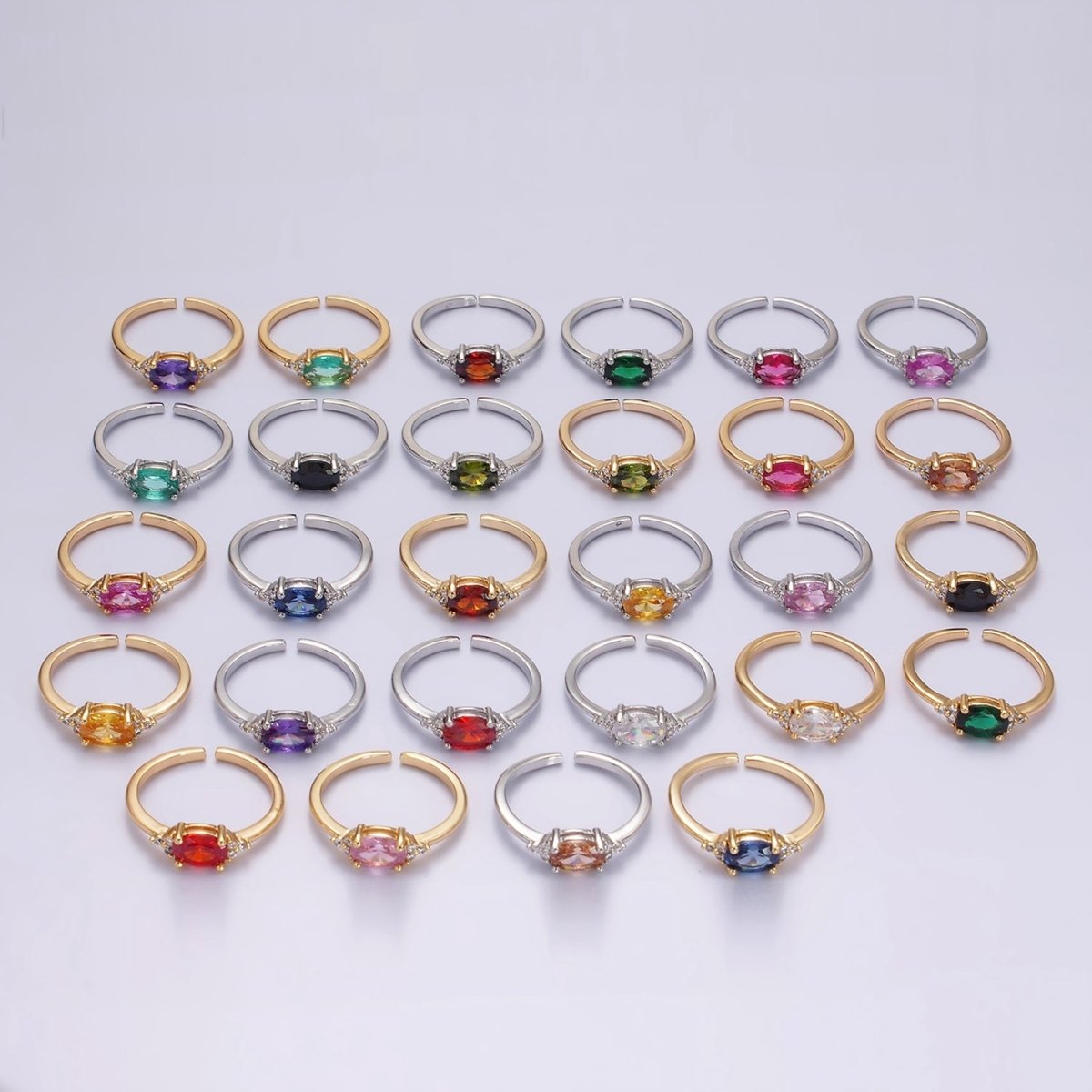 14K Gold Filled Oval Triple CZ Solitaire Birthstone Ring in Gold & Silver | O1128 - O1155