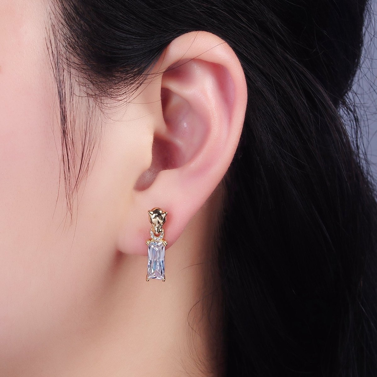 14K Gold Filled Panther Head Open Round Link Baguette CZ Drop Stud Earrings | AE1136
