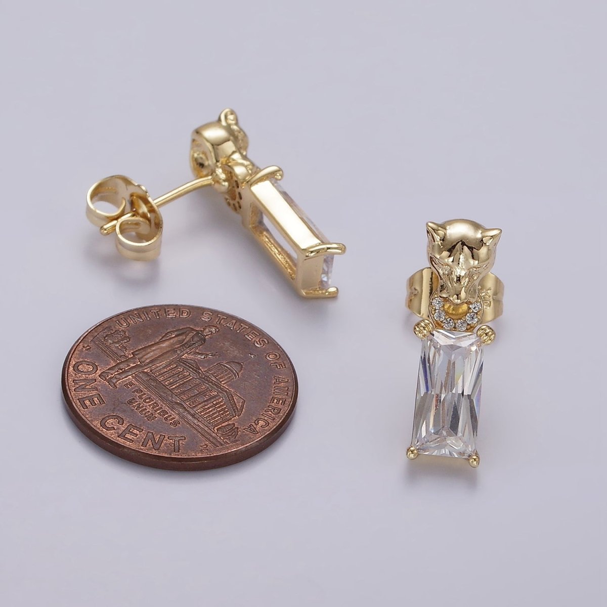 14K Gold Filled Panther Head Open Round Link Baguette CZ Drop Stud Earrings | AE1136