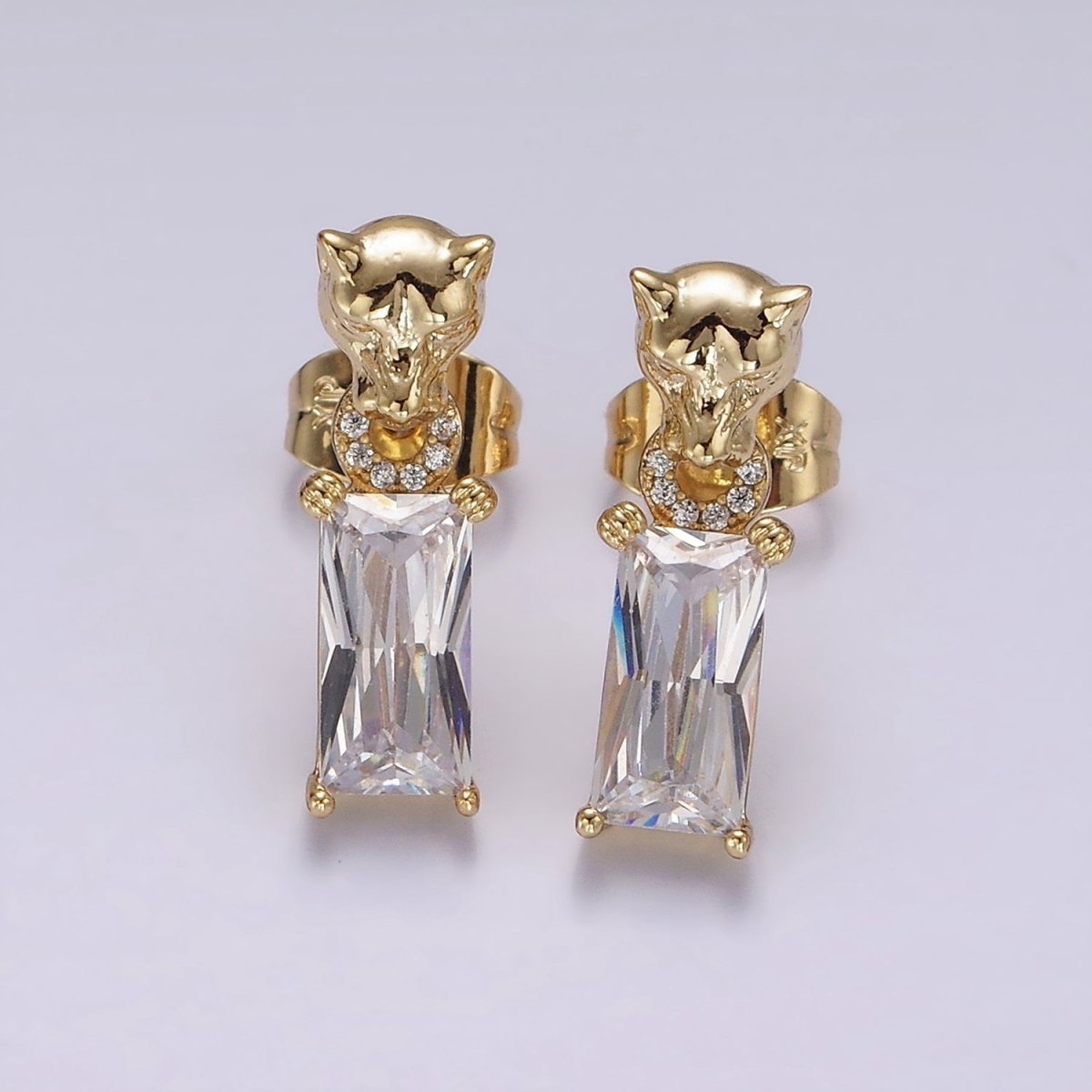 14K Gold Filled Panther Head Open Round Link Baguette CZ Drop Stud Earrings | AE1136