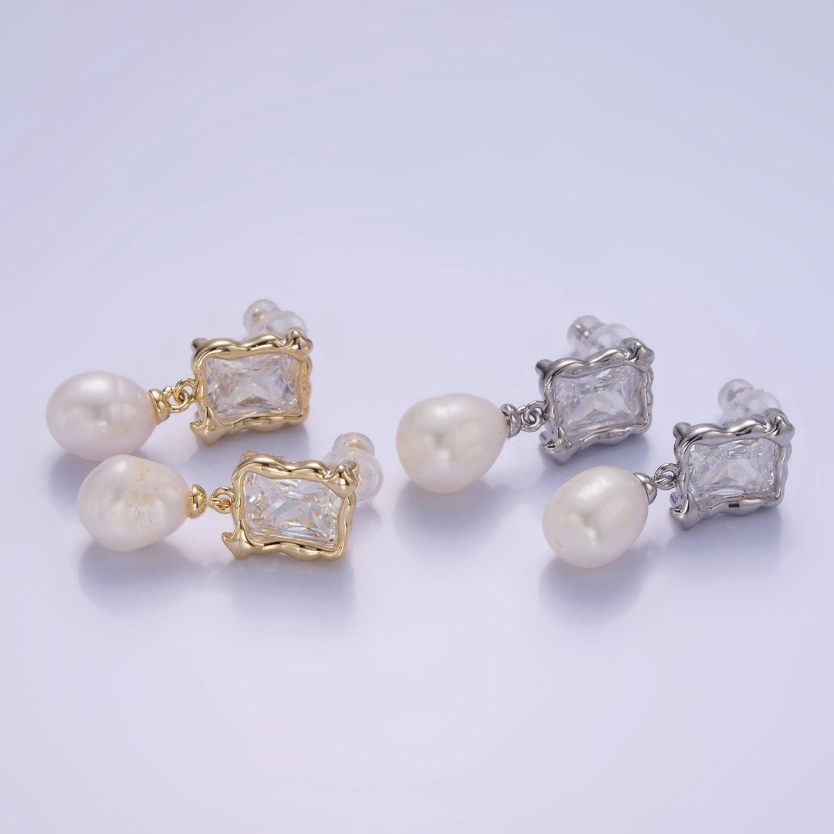 14K Gold Filled Pearl Baguette Molten Drop Stud Earrings in Gold & Silver | AE486 AE487