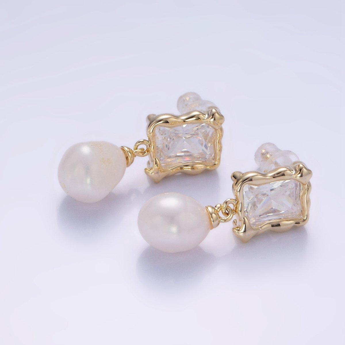 14K Gold Filled Pearl Baguette Molten Drop Stud Earrings in Gold & Silver | AE486 AE487