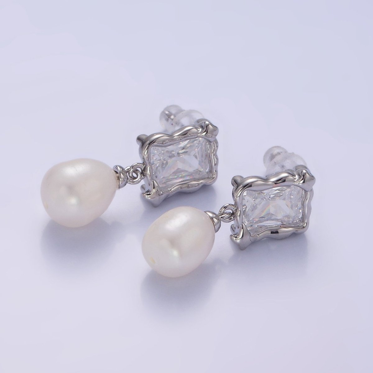 14K Gold Filled Pearl Baguette Molten Drop Stud Earrings in Gold & Silver | AE486 AE487