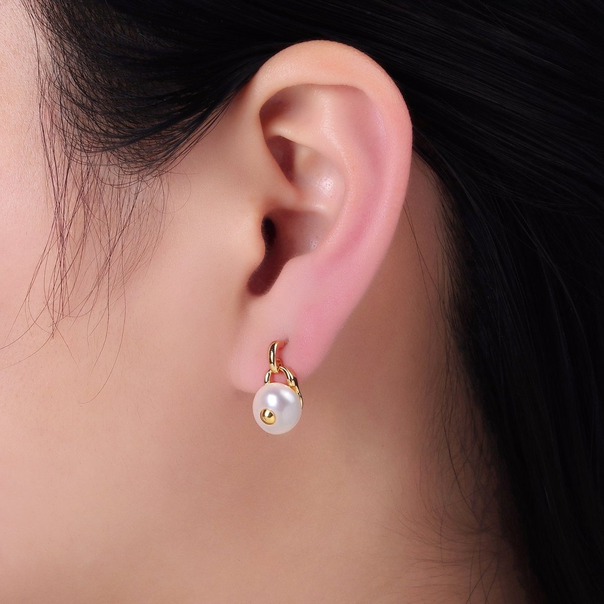 14K Gold Filled Pearl Button Padlock Stud Drop Earrings | V521