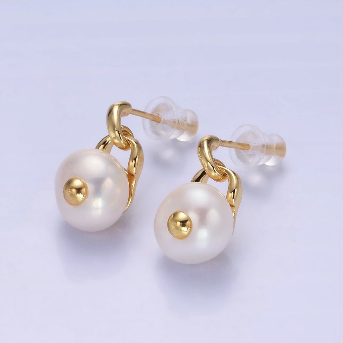 14K Gold Filled Pearl Button Padlock Stud Drop Earrings | V521